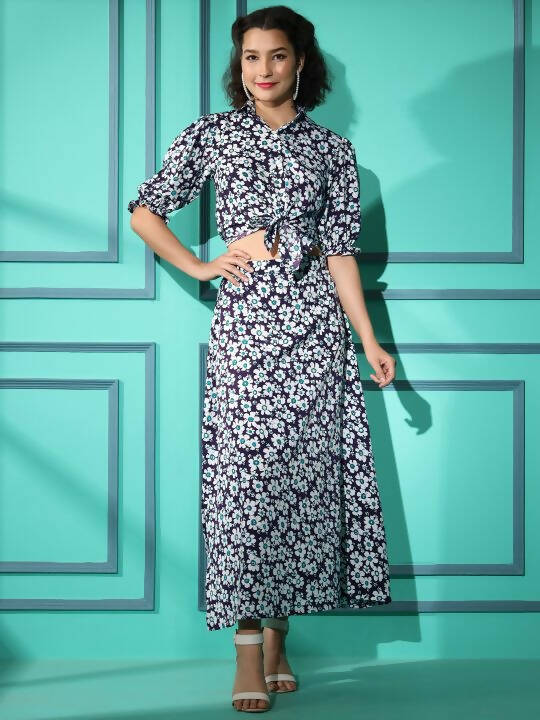 Purple Crepe Floral Printed Top with Matching Skirt - Shivani | Grocsy