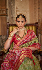 Olive Green Banarasi Weaving, Ultra Aqua Finish, Zari Work Banarasi Silk Saree - Rath Kunti | Grocsy