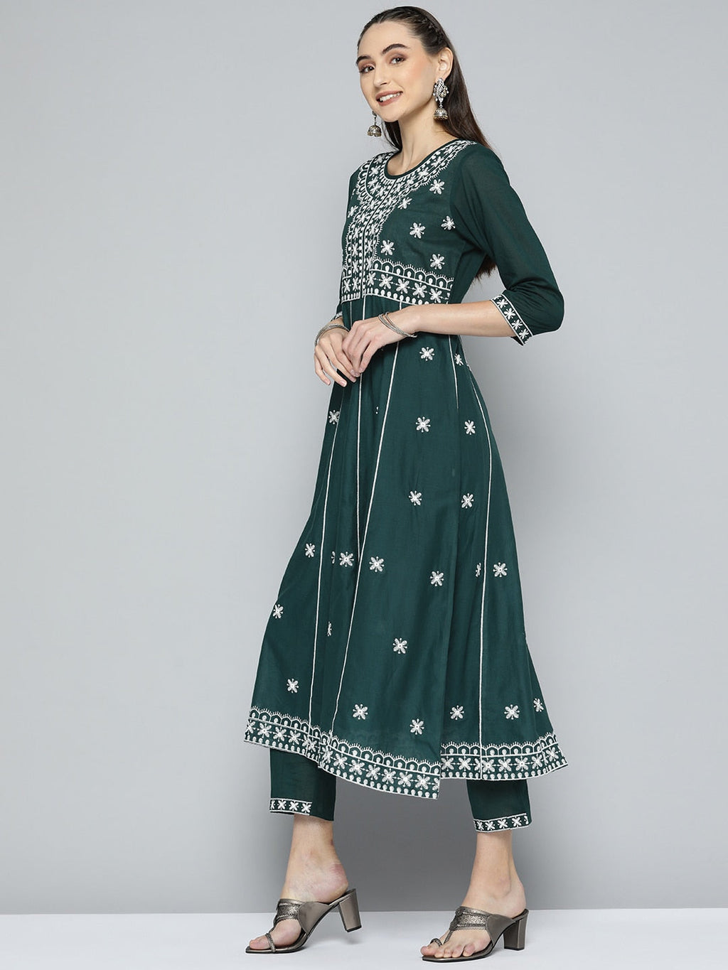 HERE&NOW Women Green & White Ethnic Motifs Embroidered Kurta with Trousers & With Dupatta | Grocsy