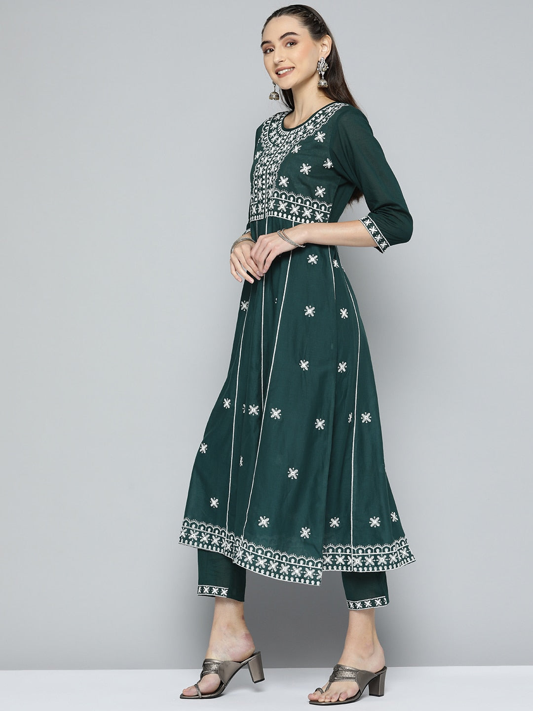 HERE&NOW Women Green & White Ethnic Motifs Embroidered Kurta with Trousers & With Dupatta | Grocsy