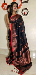 Exclusive Collection Beautiful Linen Banarashi Black Pure Cotton Handloom Saree With Running Blouse Piece | Grocsy