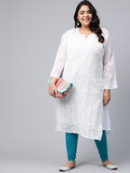 ADA Women Plus Size White Ethnic Motifs Chikankari Embroidered Georgette Handloom Kurta With Slip | Grocsy