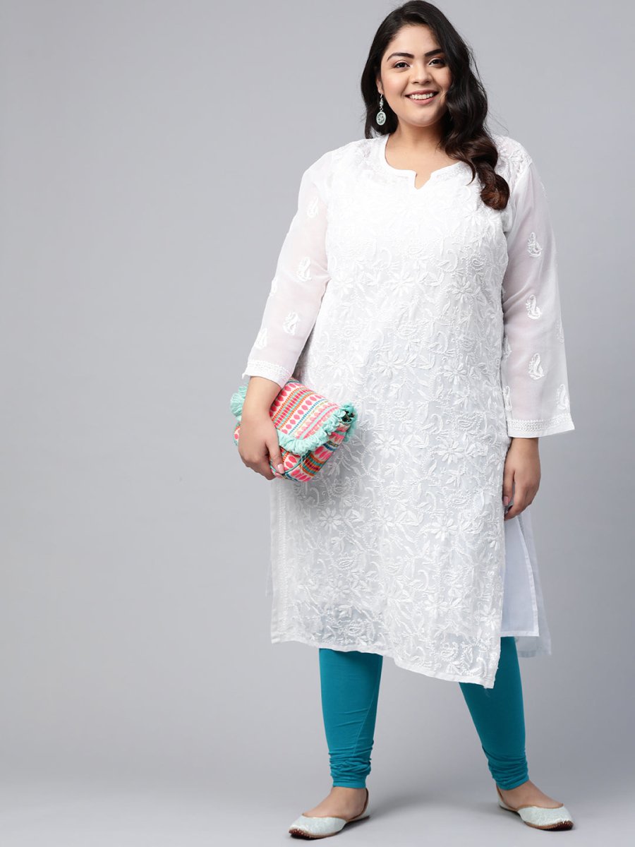 ADA Women Plus Size White Ethnic Motifs Chikankari Embroidered Georgette Handloom Kurta With Slip | Grocsy