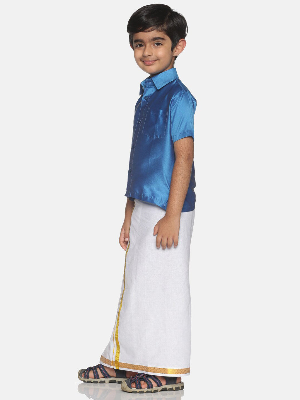 Sethukrishna Blue & White Solid Shirt and Veshti Set For Boys | Grocsy