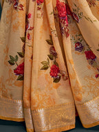 Saree Mall Yellow & Gold-Toned Floral Pure Georgette Banarasi Saree | Grocsy