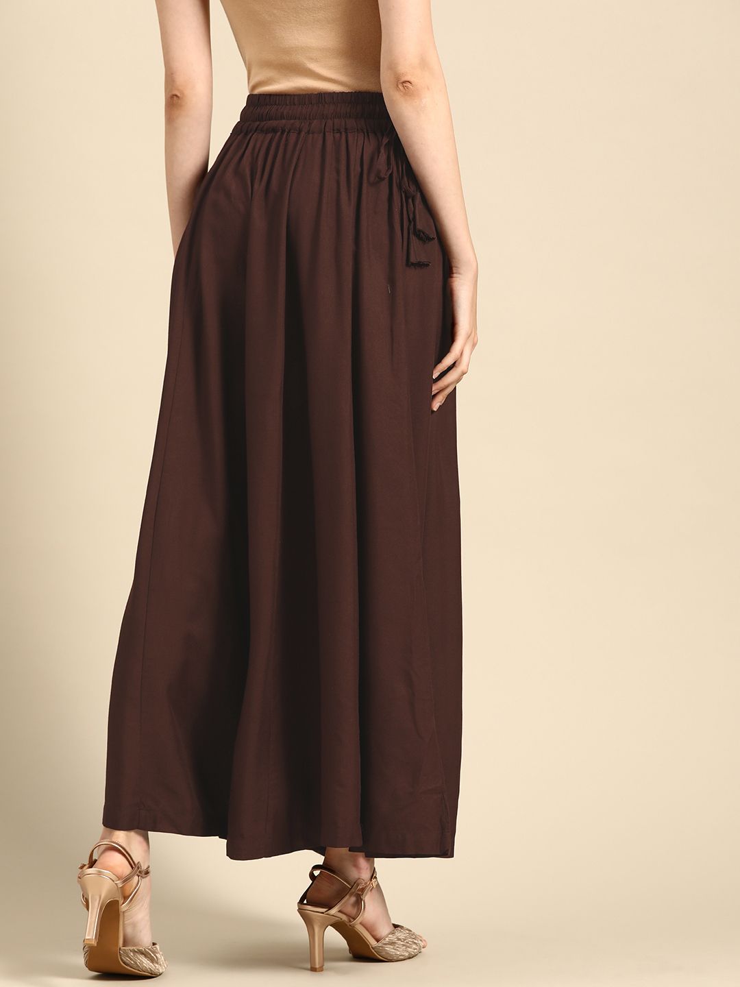 TAG 7 Women Coffee Brown Solid Flared Palazzos | Grocsy