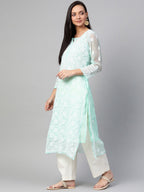 ADA Women Sea Green & White Chikankari Hand Embroidered Straight Sustainable Handloom Kurta | Grocsy