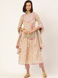 HERE&NOW Women Pink Floral Printed Angrakha Pure Cotton Kurta with Trousers & With Dupatta | Grocsy
