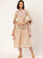 HERE&NOW Women Pink Floral Printed Angrakha Pure Cotton Kurta with Trousers & With Dupatta | Grocsy