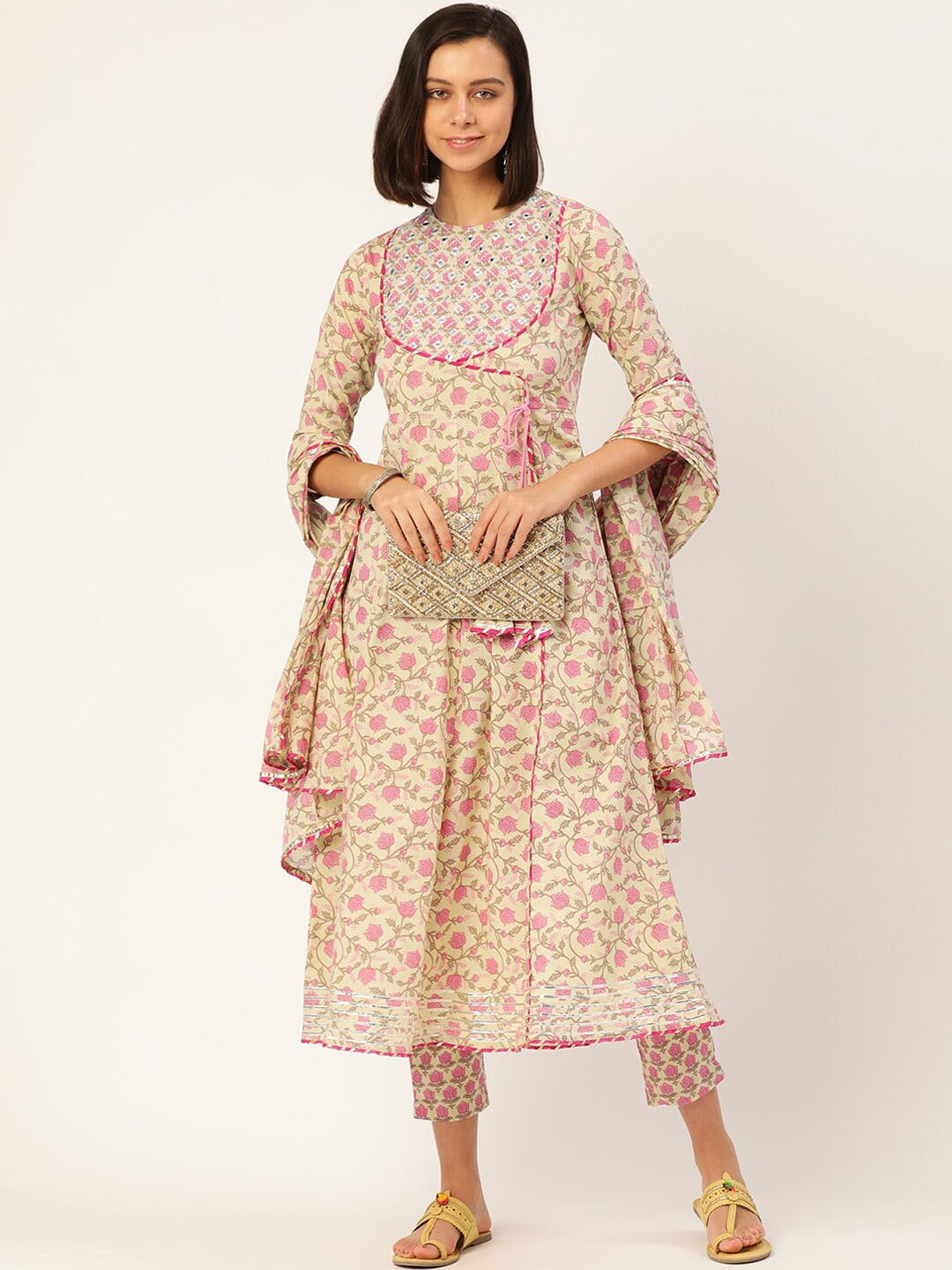 HERE&NOW Women Pink Floral Printed Angrakha Pure Cotton Kurta with Trousers & With Dupatta | Grocsy