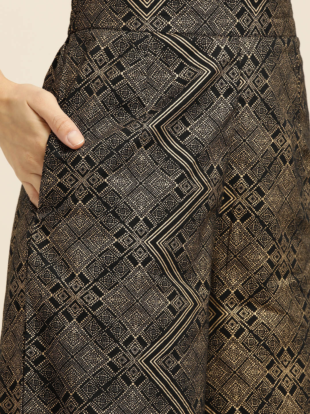 Sangria Women Black & Golden Ethnic Motifs Printed Pure Cotton Kurta with Palazzos | Grocsy