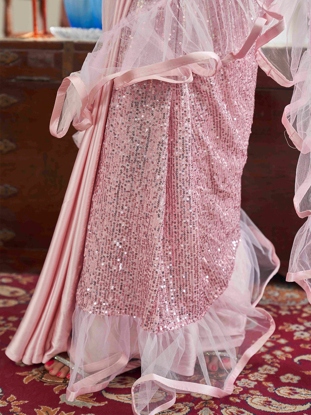 Tikhi Imli Floral Sequinned Satin Half and Half Saree | Grocsy
