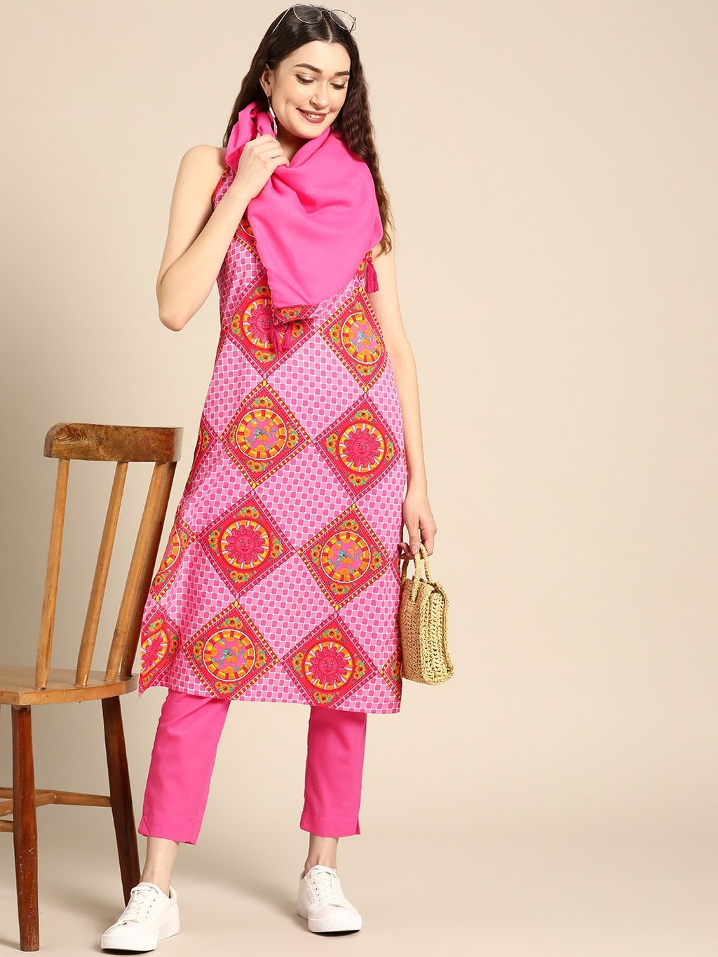 Sangria Women Pink Ethnic Motifs Printed Pure Cotton Kurta with Trousers & Dupatta | Grocsy