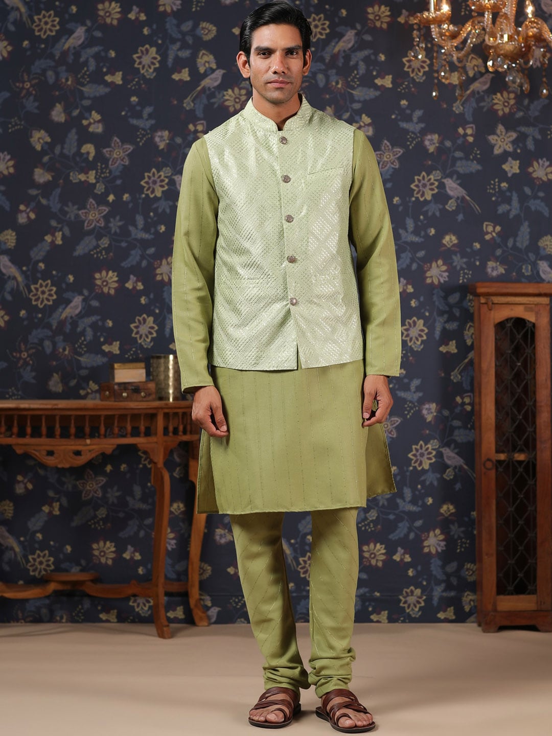 House of Pataudi Straight Kurta With Pyjamas & Embroidered Sequin Work Nehru Jacket | Grocsy