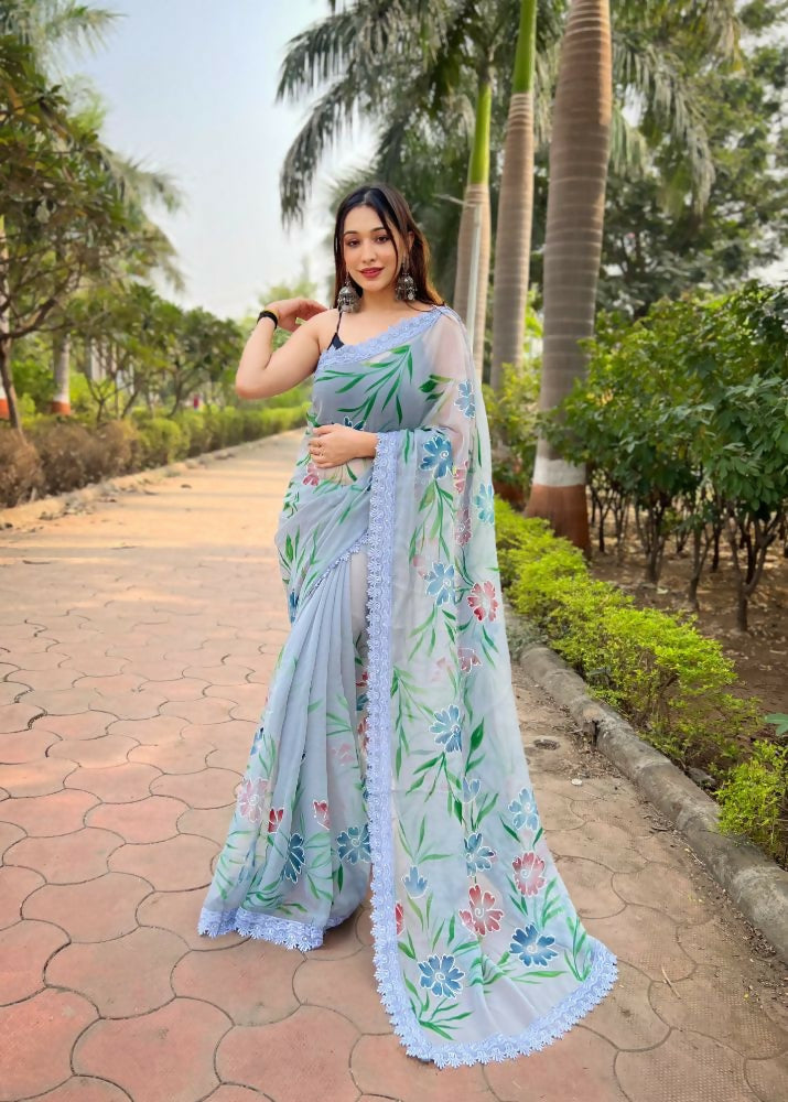 Vamsee Snehalata Sea Green Shimmer Silk Saree | Grocsy