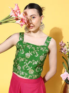 InWeave Women's Green Brocade Strappy Top W Fuchsia Green Brocade Palazzo Set | Grocsy