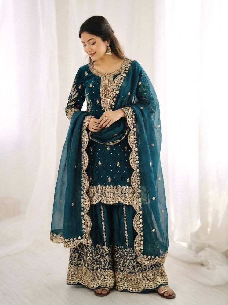 Teeya Creation Teal Color Fendy Silk Embroidery Work Wedding Wear Salwar Suit | Grocsy