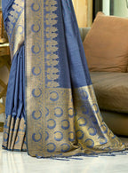 Sangam Prints Navy Blue Assam Silk Woven Work Traditional Saree | Grocsy
