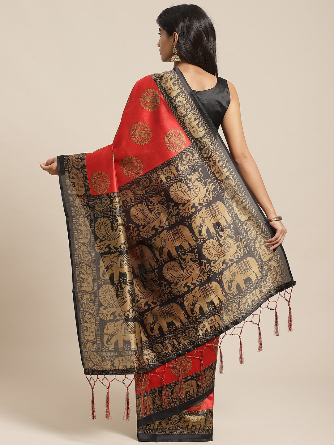 Saree Mall Red & Beige Printed Bhagalpuri Saree | Grocsy