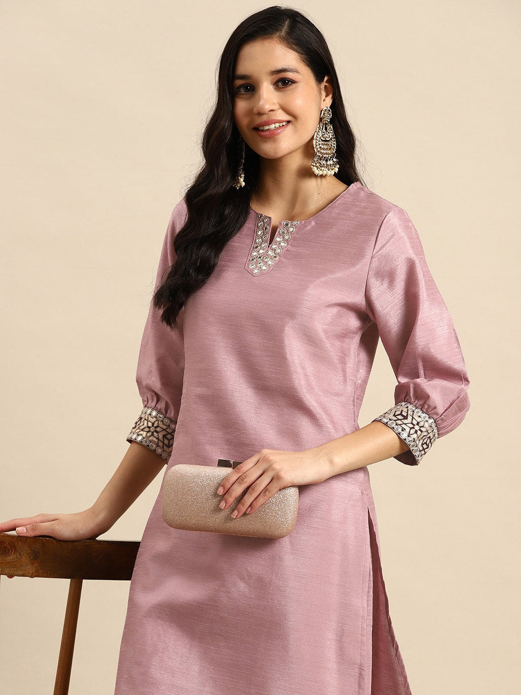 Sangria Embroidered Regular Mirror Work Kurta with Trousers | Grocsy