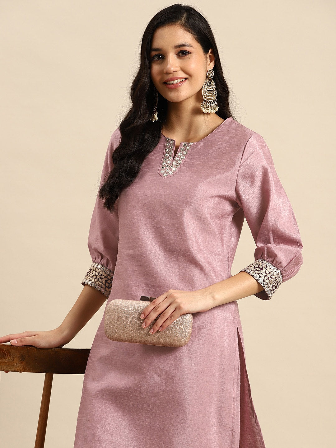 Sangria Embroidered Regular Mirror Work Kurta with Trousers | Grocsy