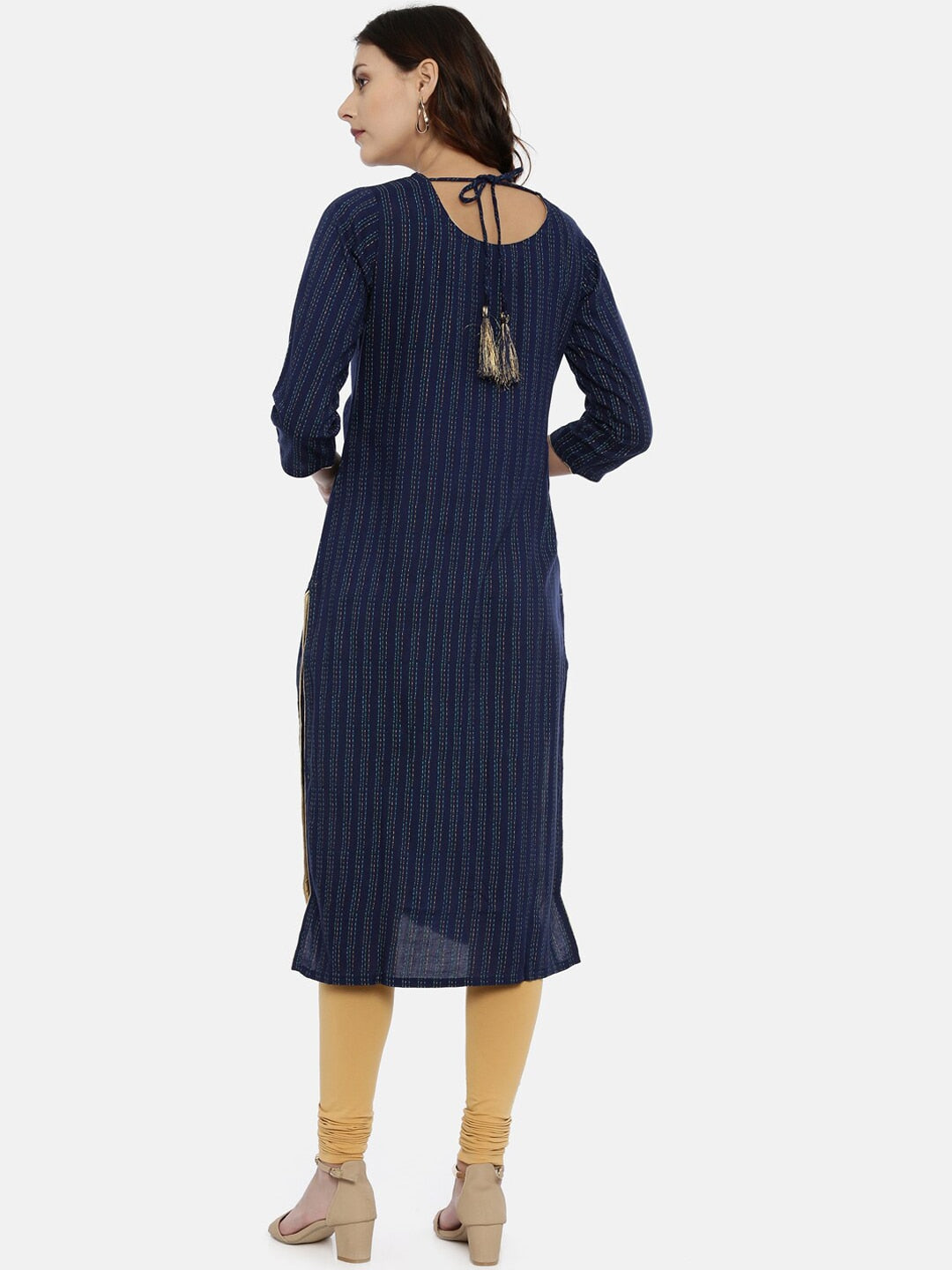 Souchii Navy Blue & Gold-Toned Striped A-Line Kurta | Grocsy