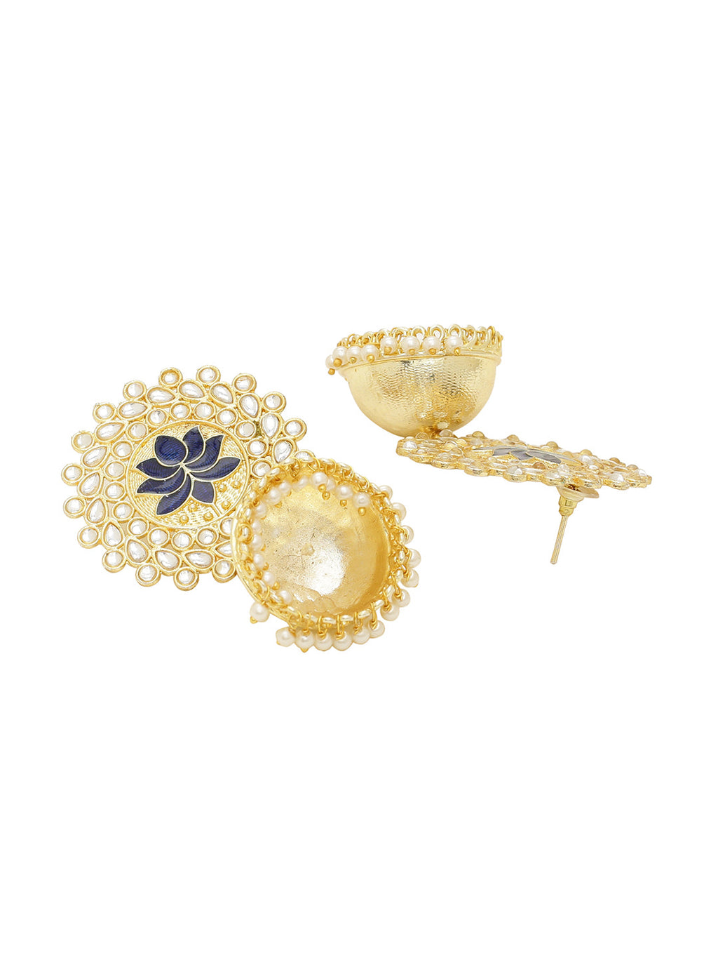 Shoshaa Gold-Polished Navy Blue Kundan-Studded Classic Jhumkas | Grocsy
