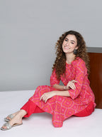 HERE&NOW Women Pink & White Bandhani Printed Kurta | Grocsy