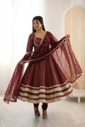 Teeya Creation Maroon Cosmos Gold Lace Work Party Wear Gown | Grocsy