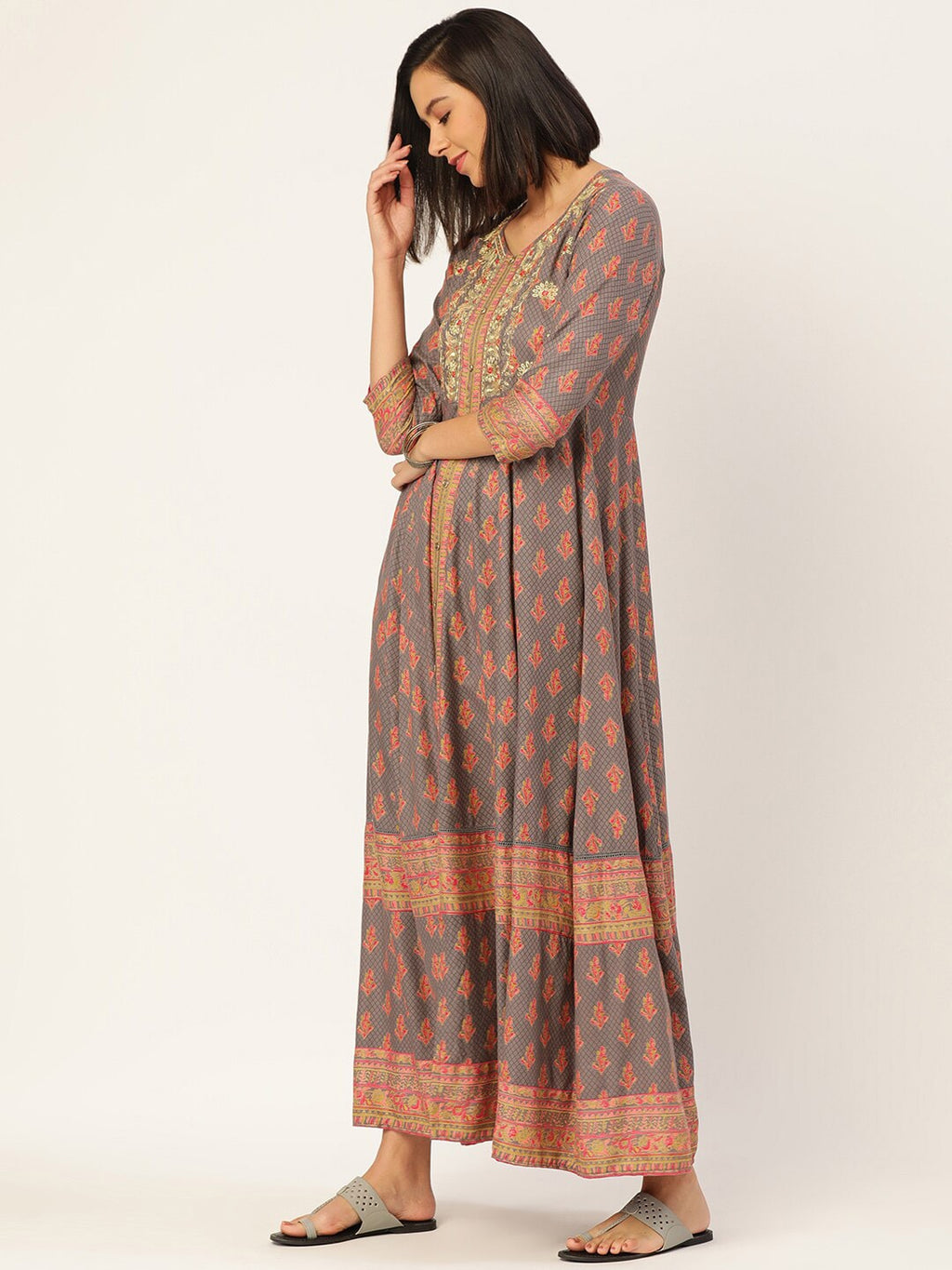 HERE&NOW Women Grey Ethnic Motifs Printed Kurta Set | Grocsy