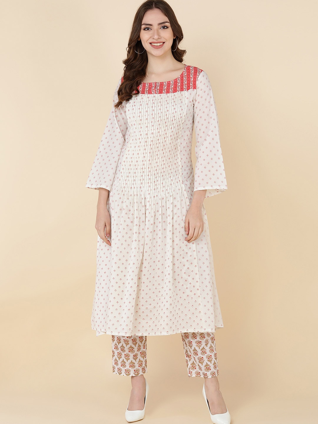 HERE&NOW Women White Floral Printed Pleated Pure Cotton Kurta with Trousers | Grocsy