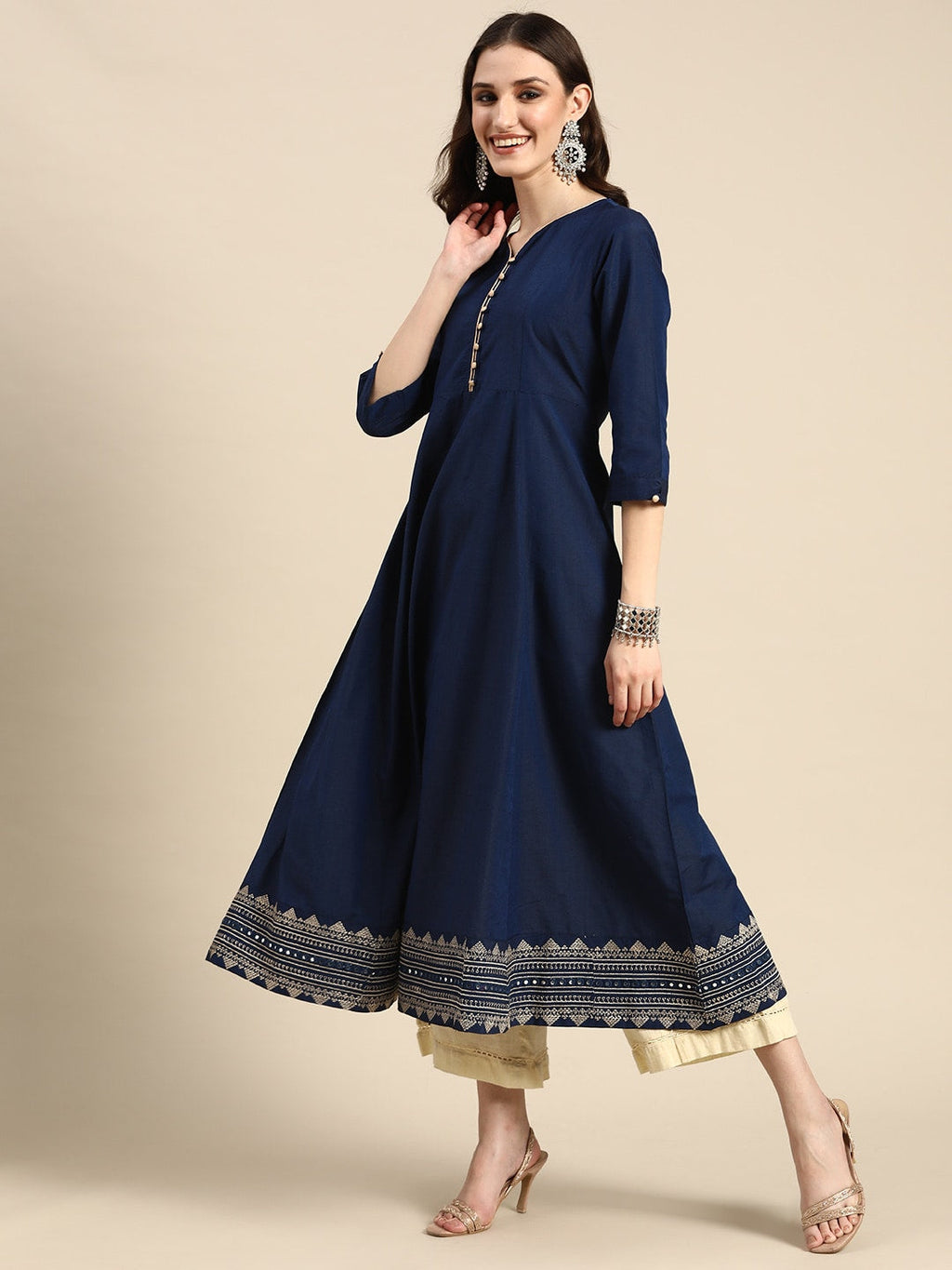 Sangria Women Navy Blue & Beige Embroidered Anarkali Kurta with Dupatta | Grocsy