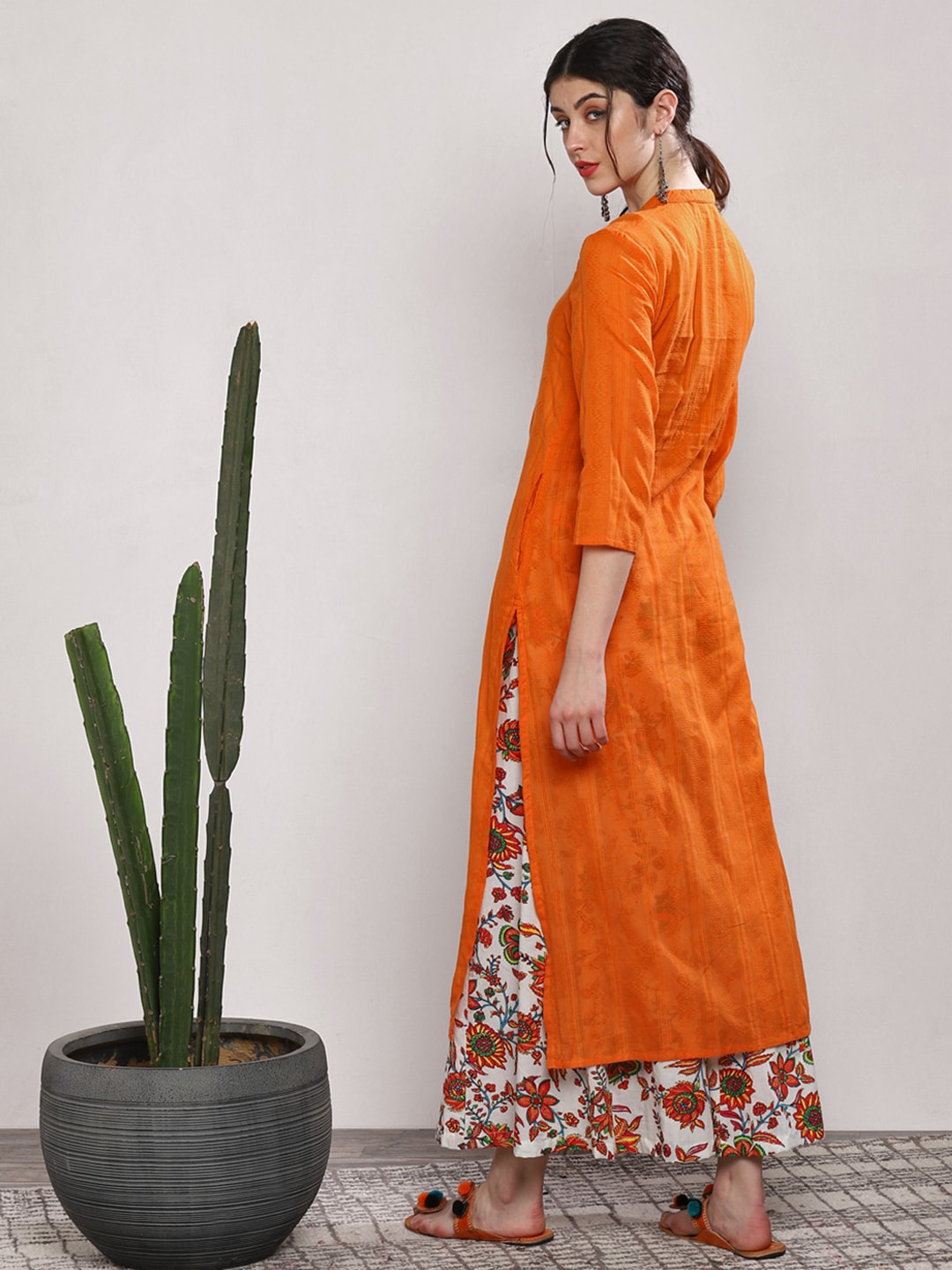 Sangria Women Orange & White Solid Kurta Set | Grocsy