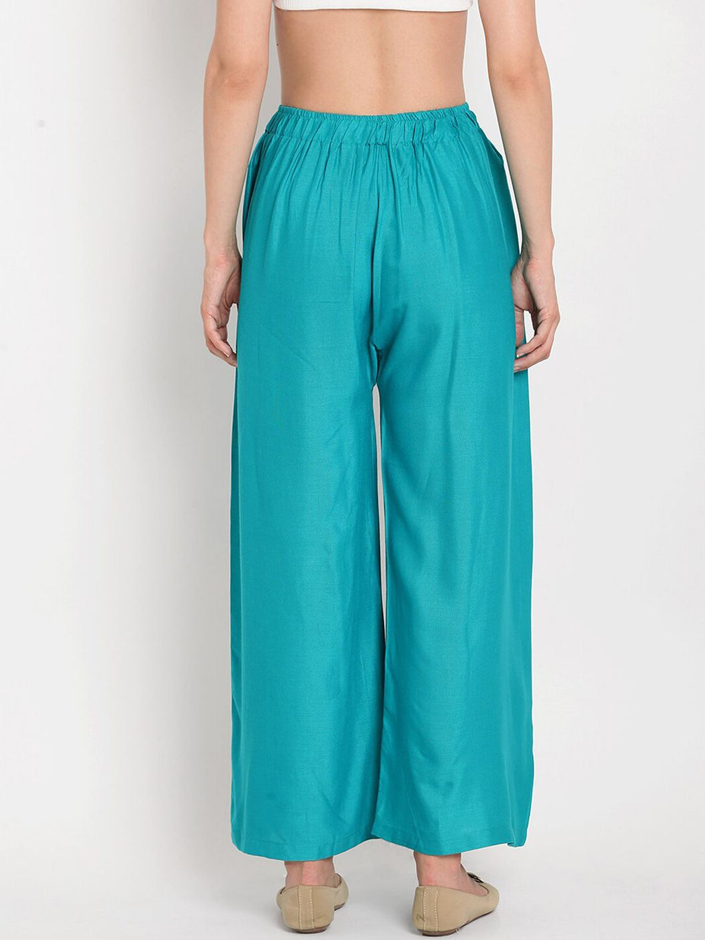 TAG 7 Women Turquoise Blue Solid Flared Palazzos | Grocsy