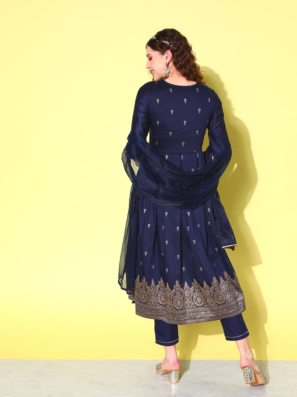 Sangria Floral Yoke Design Pleated Chanderi Silk Kurta with Trousers & With Dupatta | Grocsy