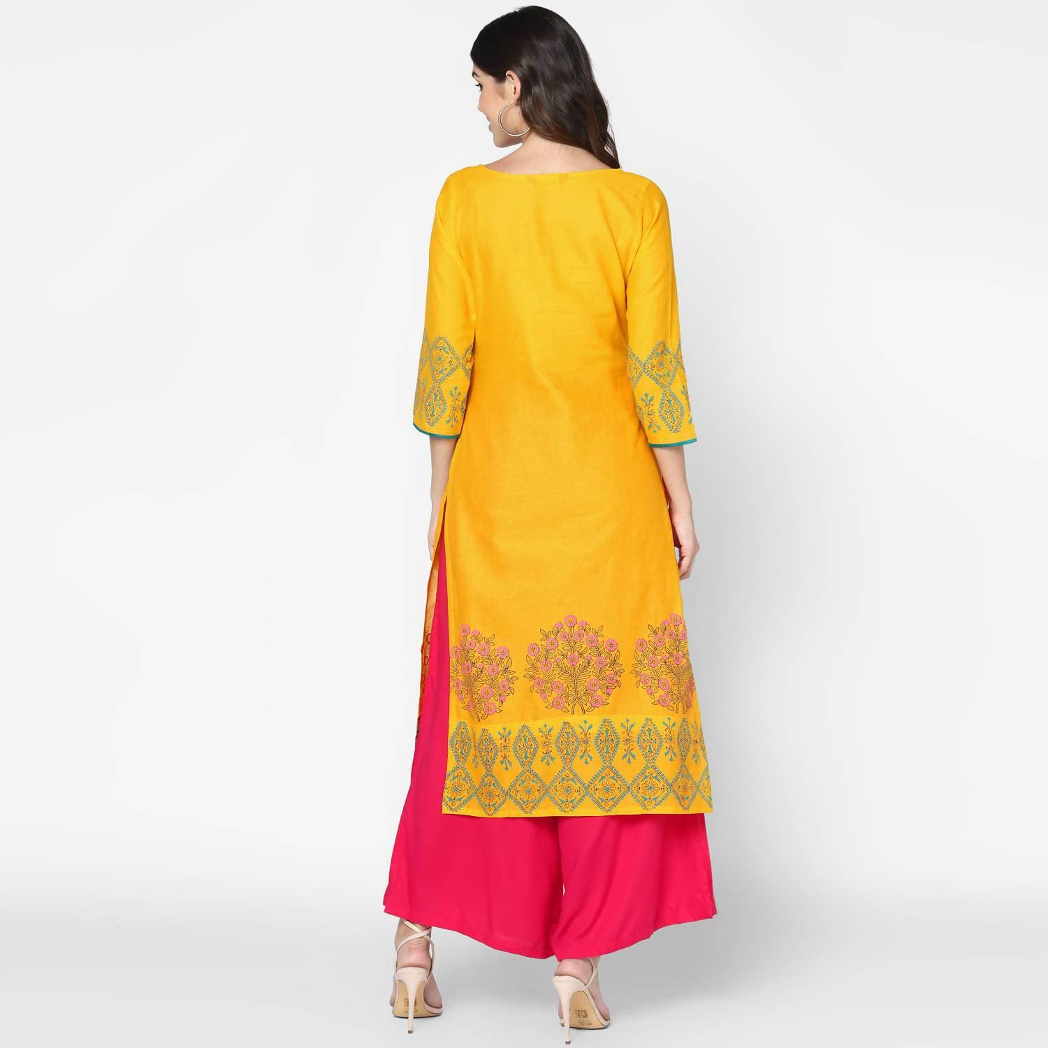 Cheera Hand Block Print Mustard Straight Kurta (MAAI-052K) | Grocsy