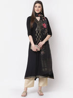 Myshka Black Color Rayon Embroidered Kurta With Dupatta Set | Grocsy