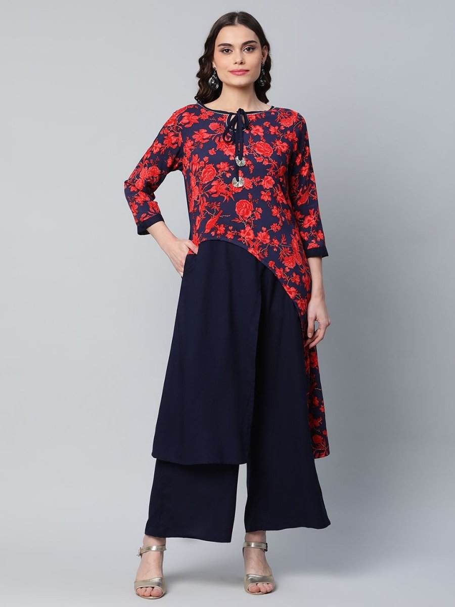 Ahalyaa Women's Navy Blue Rayon Wax Printed Kurta Palazzo Set | Grocsy