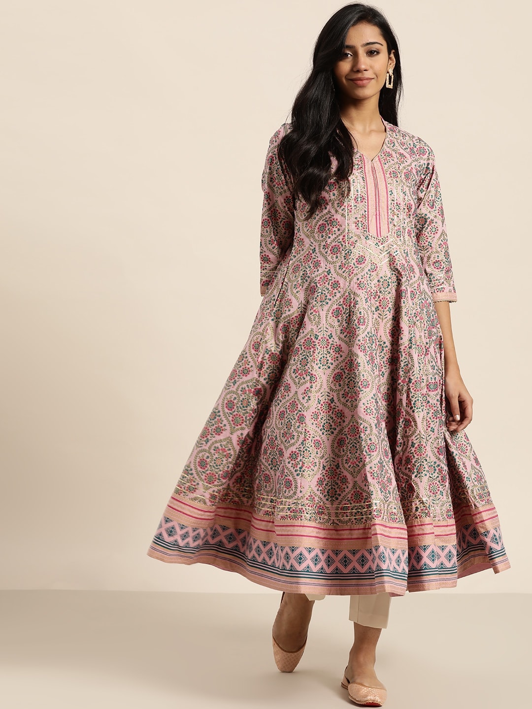 Sangria Women Pink & Green Ethnic Print Anarkali Kurta | Grocsy