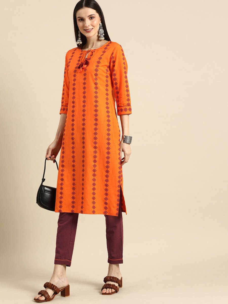 All About You Women Orange Printed Kurta with Maroon Solid Trousers | Grocsy