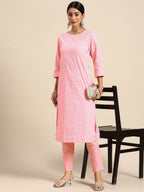 All About You Women Pink Ethnic Motifs Printed Pure Cotton Kurta with Trousers | Grocsy