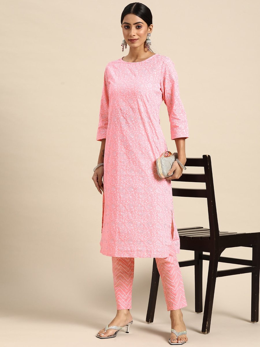 All About You Women Pink Ethnic Motifs Printed Pure Cotton Kurta with Trousers | Grocsy