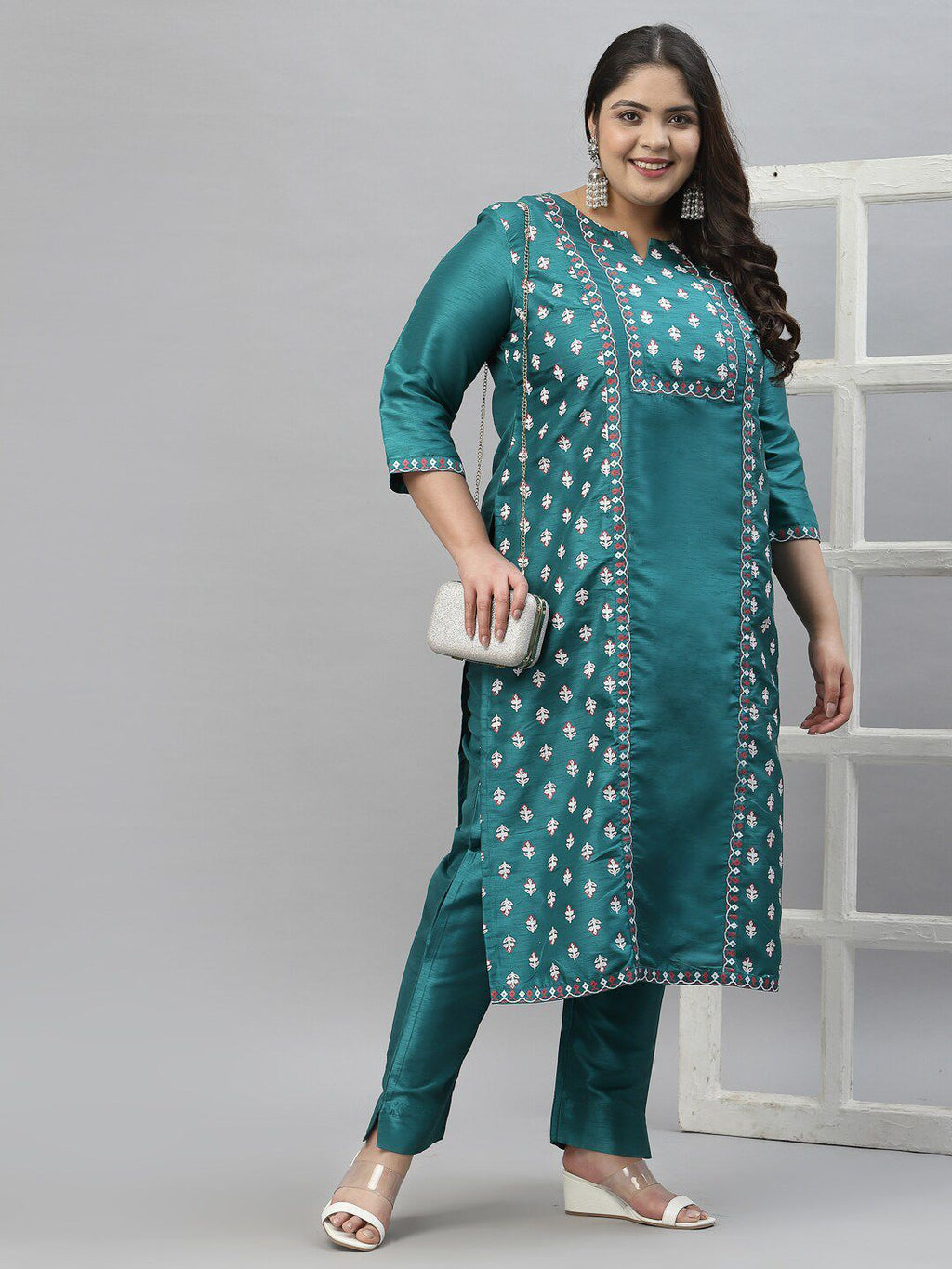 Sztori Plus Size Floral Printed Art Silk Kurta With Trousers | Grocsy