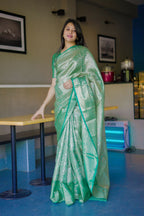 Prime Volt Bridal Kanchipuram Silk Saree with Rich Zari Weaving & Contrast Border-Green | Grocsy