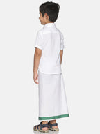 Sethukrishna Boys White & Green Pure Cotton Solid Shirt and Veshti Set | Grocsy