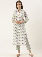 Sangria Women White Printed Pure Cotton Kurta with Trousers | Grocsy