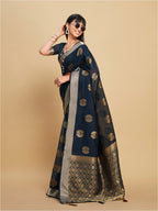 Sangria Navy Blue Ethnic Motifs Woven Design Zari Saree | Grocsy