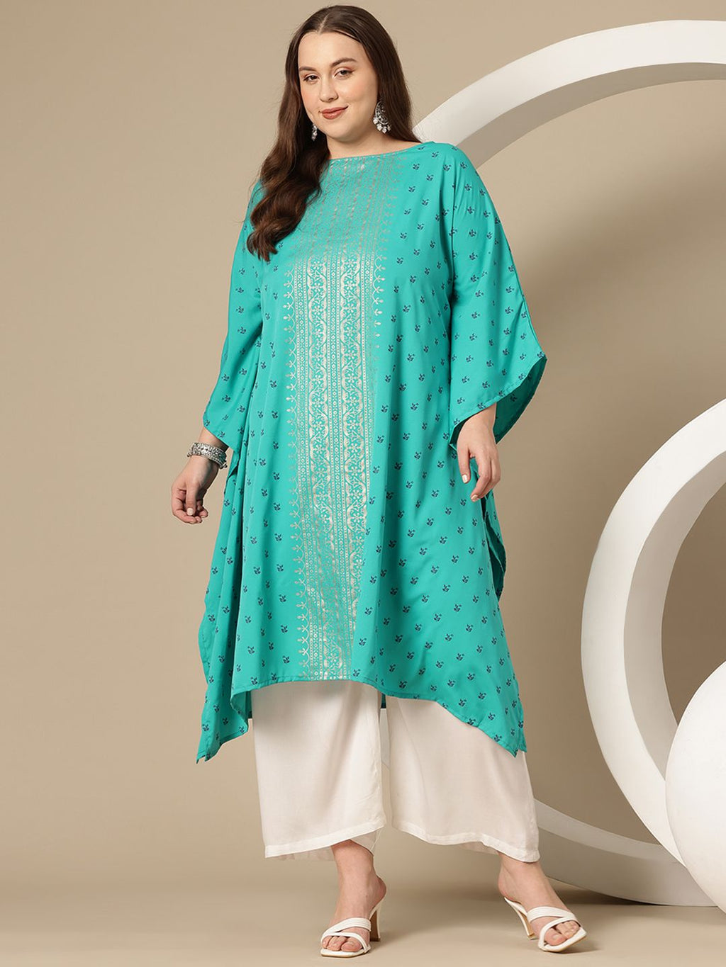Sztori Plus Size Floral Printed Flared Sleeves Floral Kaftan Kurta | Grocsy