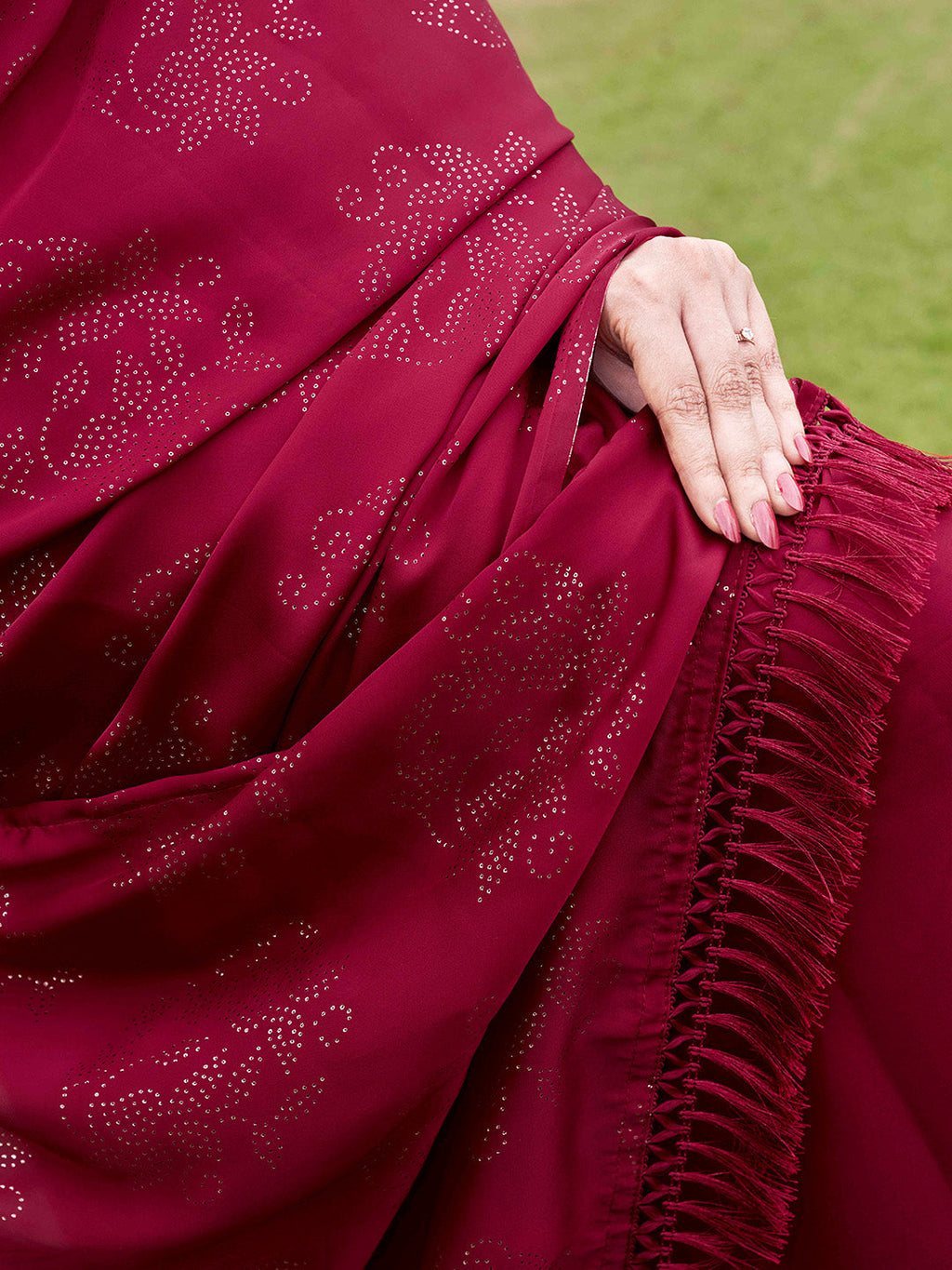 Tikhi Imli Embellished Half and half Satin Saree With Tassels | Grocsy