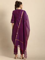 All About You Women Purple Zari Embroidered Regular Kurta with Trousers & Dupatta | Grocsy